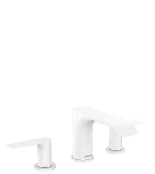 Weißes 3-Loch-Waschtischarmaturenset von Hansgrohe, bestehend aus zwei Hebelgriffen und einem Wasserhahn mit breiter Auslauföffnung. minimalistisches Design.